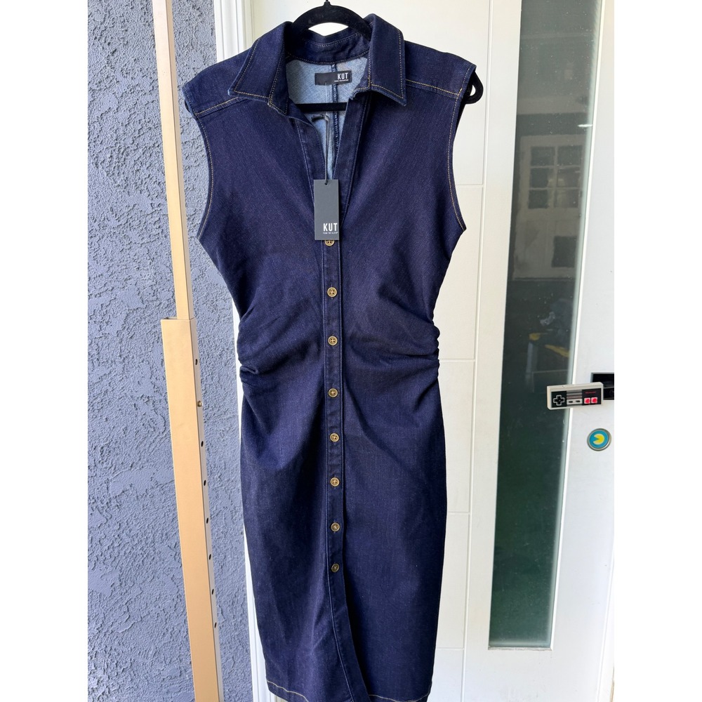 KUT from the Kloth Denim Midi Dress Ruched Sleeveless Collared Pockets Stretchy